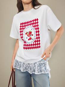 Muvela 女士草莓印花圆领短袖休闲宽松T恤，夏季穿着 - 白色 - 查看 2