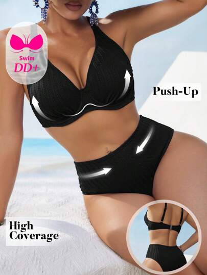 Swim DD+ Beach Summer Outfits For Women - Sexy Supportive Underwire DD+ Cup Texture Fabric High Waist 2pcs Bikini Set, Bright Blue