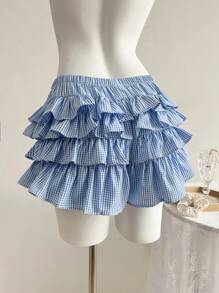 Elamini 女式格子荷叶边蝴蝶结装饰可爱短裤 - 藍色 - 查看 2