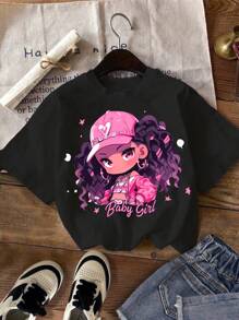 SHEIN 3pcs Young Girl Casual Simple Cartoon Pattern Multipurpose T-Shirt, Suitable For Summer - Multicolor - View 5