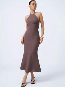 SHEIN Privé Sleeveless Keyhole Neck Bodycon Long Dress For Women, Slimming - Mocha Brown - View 2