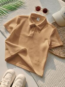 1 Stück Kleine Jungen Lässig Sport College Art Retro Textil Kurzarm Poloshirt, geeignet für Einschulung, Geburtstagsfeiern, Abendveranstaltungen, Aufführungen, Hochzeiten, Taufen, Eröffnungszeremonien, Alltagsnutzung, Schule, Reisen, Sport, Frühling und Sommer - Khaki - Übersicht 3