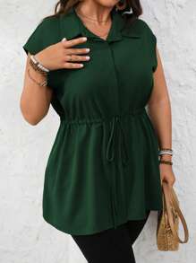 Vionelle Women Plus Size Spring/Summer Commute Casual Vacation Hidden Button Front Cinched Waist Bow Hem Blouse - Dark Green - View 5