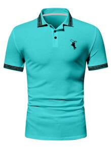 Manfinity Homme 男士几何印花短袖 Polo 衫，休闲夏季 - 水鴨藍 - 查看 3