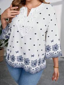 SHEIN Clasi Elegante camicia in taglie comode per donna con ricamo occhiellato e blocchi di colore