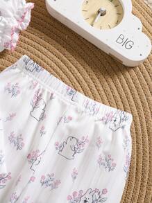 3pcs Baby Girl Floral Rabbit Printed Ruffled Top, Pants & Headband Set, Spring/Summer Home Clothes - Baby Pink - View 4