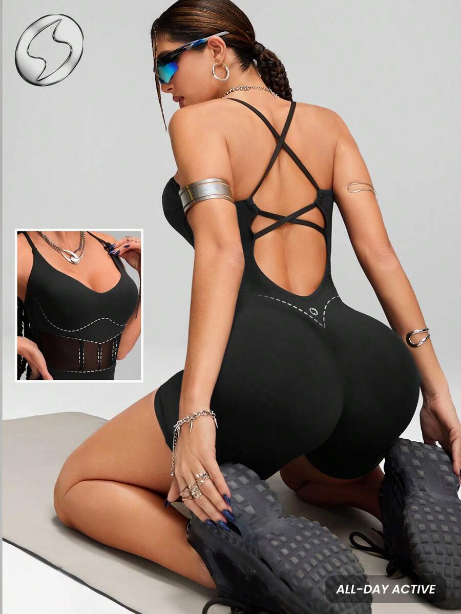 Innovista Sculpted Fit Workout Jumpsuit, One-Piece High Stretching For Gym Suit, Sport Bodycon Jumpsuit, Short Sleeve, Full-Body Romper, Overall, All-In-One Activewear,  Dry Fit & Squat Free For Cardio To Weights Urban Athleisure, Fashion ICON, Slay & Sleek, Glow-Feel For Music Festival & Party, Street Sexy Fit, Everyday Essential Easy Wear, Activewear, Fall Motivation, WAG,Natural Tones,Health And Wellness,Coastal - Black - View 1