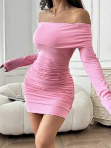 SHEIN EZwear Women's Solid Color Long Sleeve Ruffle Off Shoulder Midi Dress