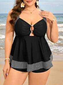 Swim Lushoire 2pcs/Set Plus Size Women Striped Print Thick Strap Crop Top With Front Ring & High Waist Shorts Bikini Swimsuit, Casual Beach Holiday