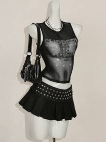 SHEIN ICON Y2k Summer Black Mesh Sheer Sexy Rhinestone Glitter Women's Rhinestone Letter Mesh Backless Tight Camisole - Black - View 12