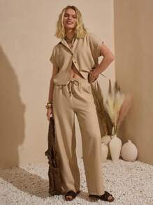 Bóhologie Boho Bohemela Womens Clothing Women Summer Clothes  White Casual  Germany Seaside Holiday, Suitable For Everyday, Out Of The Street, Holiday And Other Occasions To Wear Casual Style, Effortless Linen Feeling Rushing Detailed Short Sleeve Shirt With Relaxed Fit Pant  Suitable For Everyday, Out Of The Street, Holiday And Other Occasions To Wear - Beige - View 5