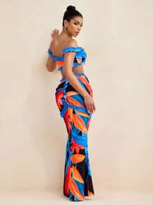 LUNA B 花卉印花荷叶边露肩短款上衣女式性感夏日度假海滩 - 彩色 - 查看 1