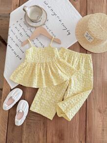 LMoss Kids Bộ đồ đôi LMoss dành cho bé gái, gồm áo hai dây xếp ly màu trơn và quần ống rộng, thích hợp cho mùa xuân và mùa hè, màu vàng, dành cho bé gái nhỏ, quần áo trẻ em 4 tuổi. - Màu vàng - Xem 8