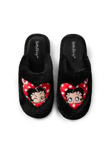 Betty Boop x SHEIN Cartoon Character Embroidery & Polka Dot Heart Design Black Plush Women's Slippers For Home, Soft & Comfortable,Suitable Spring Autumn Winter, Valentine's Day ,Gift Ideas,Party,Holiday,Valentine's Day,Winter - Black - View 8