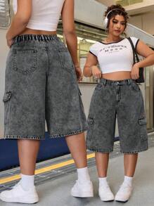 SHEIN ICON Jeans cargo lavati blu con tasche grandi e taglio morbido dritto