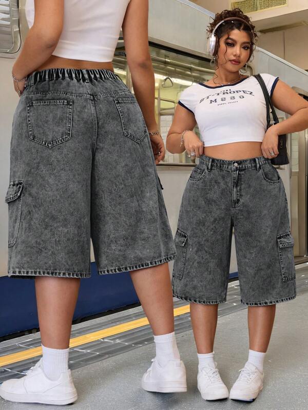 SHEIN ICON Jeans cargo lavati blu con tasche grandi e taglio morbido dritto