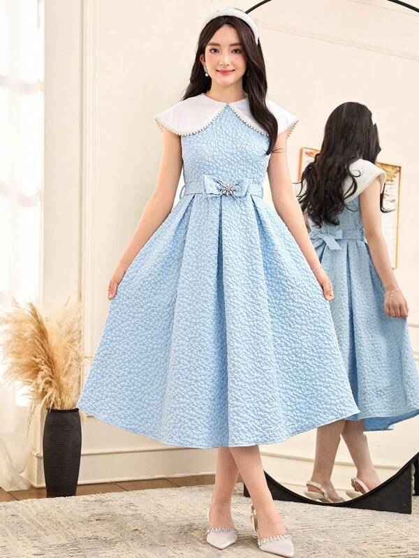 Teen Girl Elegant Woven Textured Floral Jacquard Contrast Color Doll Collar Pearl Decor Cinched Waist Pleated Hem A-Line Dress, Blue