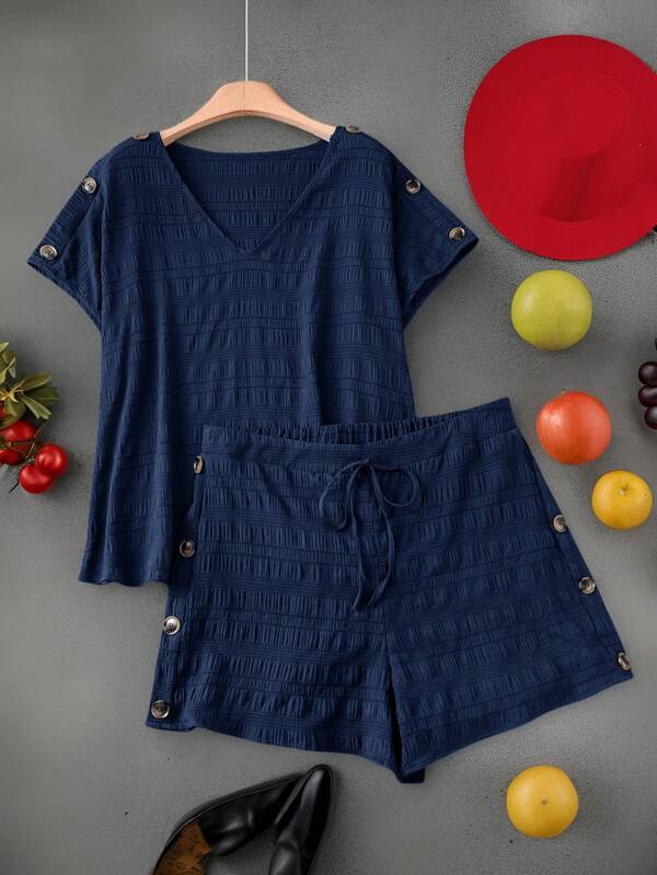 SHEIN LUNE Plus-Size Blue Two Pieces Crewneck Shirt + Shorts Two Pieces Suit Loose Casual Buttons Decorated Women's Set