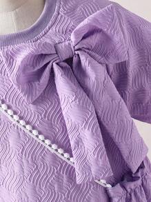 SHEIN Girls Casual Elegant Glamorous Cute Puff Sleeve Short Sleeve Bow Splice Mesh Princess Dress With Diagonal Sling Small Bag - Purple - View 5