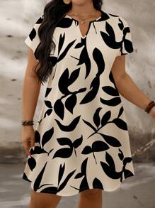 SHEIN LUNE Plus Size Leaf Print Casual Colorblock Pattern Loose Short Sleeve Dress, Suitable For Summer Chic Dress - Beige - View 1