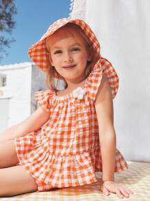 SHEIN Young Girls' Casual Holiday Plaid Elegant Ruffle Sleeve Top + Plaid Shorts + Bucket Hat 3Pcs Set, Spring/Summer - Yellow - View 2