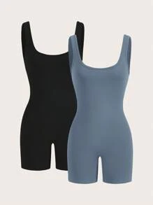 SHEIN SXY Bộ 2 bộ đồ liền thân không tay màu trơn thường ngày mùa hè dành cho nữ - Màu xanh lam - Xem 3