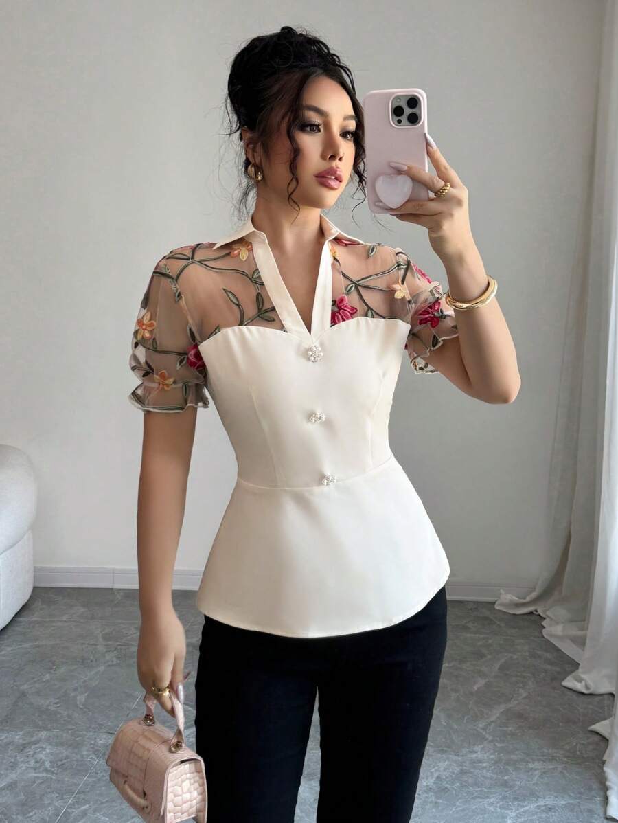 Elenzga Flower Embroidered Mesh Mix Elegant Shirt - Apricot - View 1