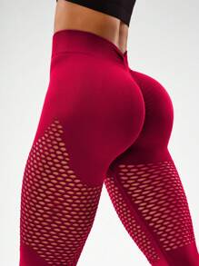 Gameset SHEIN Sport 女士纯色高腰网眼瑜伽裤 - 紅色 - 查看 5