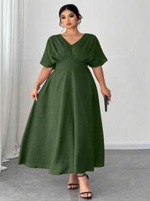 SHEIN CURVE+ CURVE+ 大码生日礼服、派对、优雅、正式女装、晚礼服、红色礼服、褶皱 - 綠色 - 查看 7