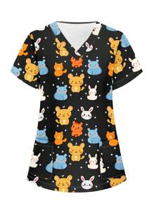 PopScrub V-Neck Short Sleeve Scrub Uniform Top, Fashionable Design For Summer Scrubs Scrub Sets Nurse Scrub Sets Women ,Women's Fashion Casual Sports Scrub Tops, Business Women Clothing, Women's Summer Tops Multi-Occasion Wear Versatility, Women's Summer Beach Shirts,Tops With Cute Puppies, Bees, Insects, Kittens, Flowers, Grass, Trees, Hearts, Clouds, Ice Cream, Donuts, Butterflies, Starfish, Tie-Dye And Other Printed Patterns - Multicolor - View 1