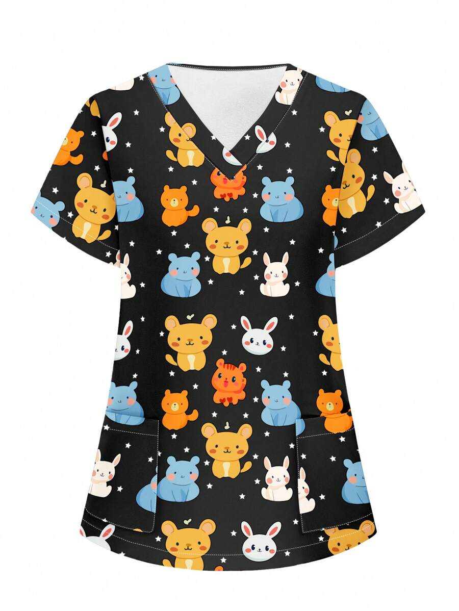 PopScrub V-Neck Short Sleeve Scrub Uniform Top, Fashionable Design For Summer Scrubs Scrub Sets Nurse Scrub Sets Women ,Women's Fashion Casual Sports Scrub Tops, Business Women Clothing, Women's Summer Tops Multi-Occasion Wear Versatility, Women's Summer Beach Shirts,Tops With Cute Puppies, Bees, Insects, Kittens, Flowers, Grass, Trees, Hearts, Clouds, Ice Cream, Donuts, Butterflies, Starfish, Tie-Dye And Other Printed Patterns - Multicolor - View 1