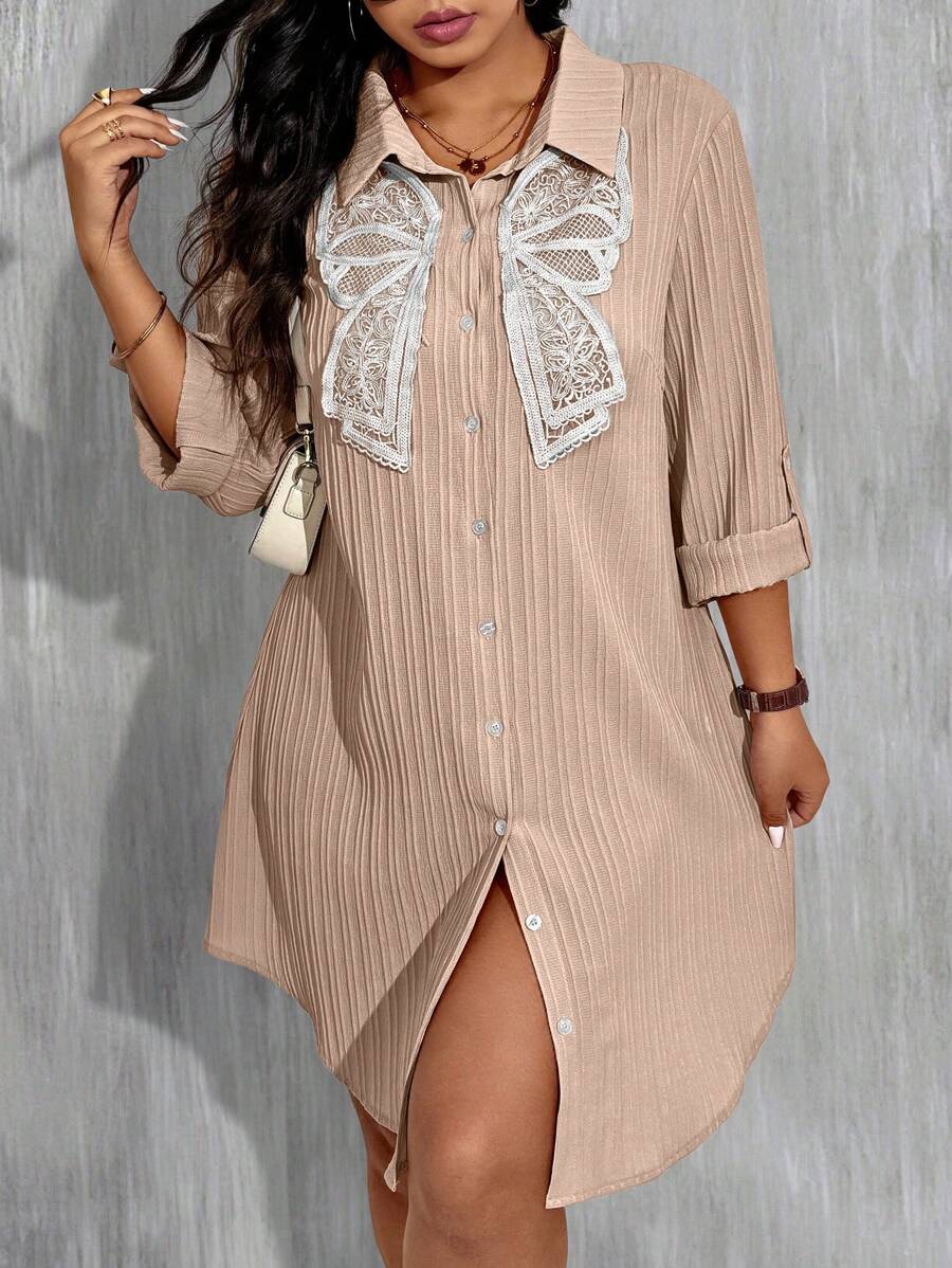 SHEIN Unity Plus Size Casual Long Sleeve Dress With Lace Bow Detail And Front Button - Khaki - View 1