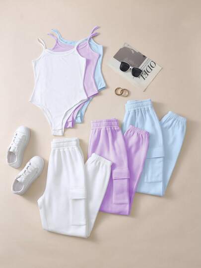 Lunelith SHEIN Lunessa Women Solid Color Camisole Bodysuit With Pants 2Pcs Set