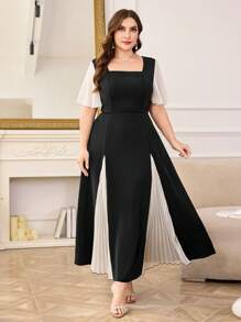 Modelyn Women Plus Size Pleated Panel Short Sleeve Square Neck Casual Dress, Elegant For Commuter Wear