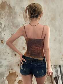 SHEIN EZwear Summer Rave Festival Graphic Printed Mesh Cami Top - Coffee Brown - View 2