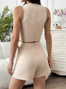 SHEIN EZwear Women's Elegant Apricot Suit Set: Sleeveless V-Neck Woven Vest And Belted Mini Skirt With Slit Detail - Apricot - View 2