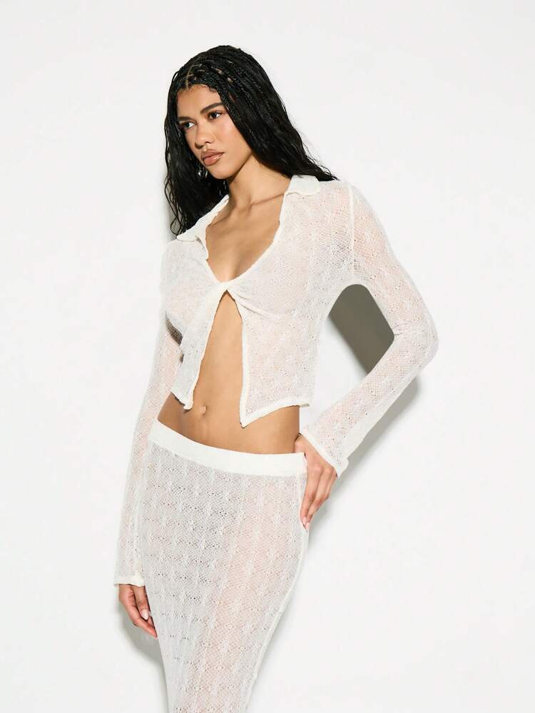 KIZN Long Sleeve Twist Front Open Crochet Sheer Crop Top