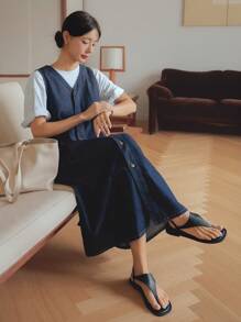 Dazy-Less 复古水洗直筒宽松口袋装饰商务休闲简约女式牛仔连衣裙，夏季 - 深色水洗藍 - 查看 2