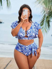 SHEIN Swim Lushore 加大码女式两件套泳衣套装，青花瓷数码印花，适合夏季海滩度假 - 彩色 - 查看 6