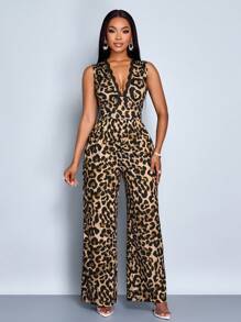 SOLERSUN Women's Contrast Lace Leopard Print Deep V Sleeveless Wide Leg Jumpsuit, Elegant For Commuting And Casual Dating, Sexy & Romantic, Spring/Summer