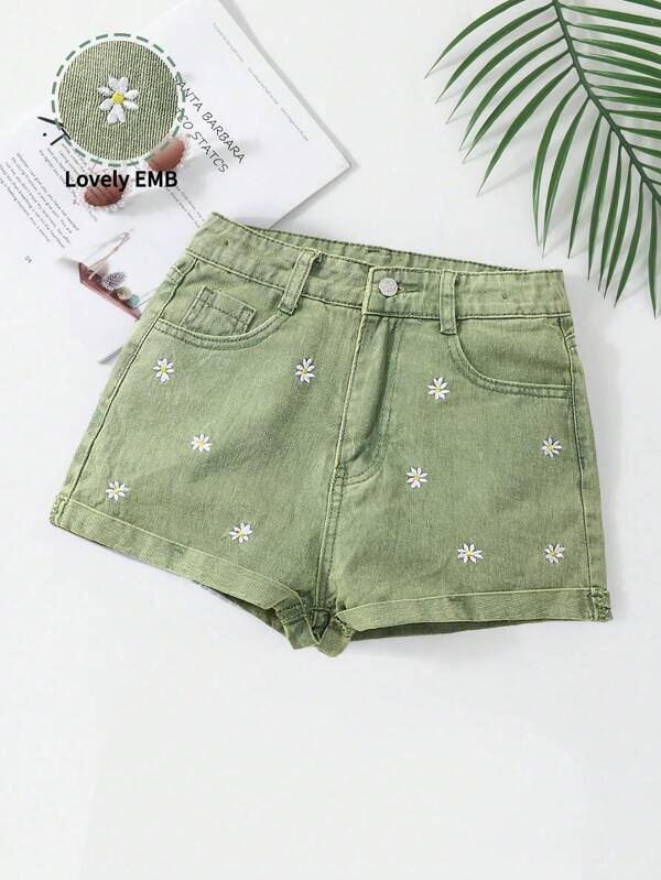 SHEIN Vintaside Kids Shorts vaqueros básicos y casuales con bordado de margaritas para adolescentes