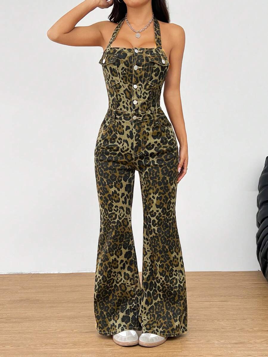 SHEIN ICON Women Leopard Print Halter Front-Button Sleeveless Denim Jumpsuit And Bib Pants - Brown - View 1