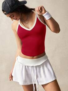 VARSIVA Contrast Trim V-Neck Tight Fit Racerback Sports Tank Top, Summer - Red and White - View 4