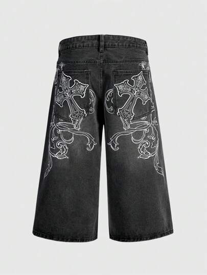 Street Life Herren Sommer Straßen-Washed Kreuz-Muster Loose Denim Shorts Jorts