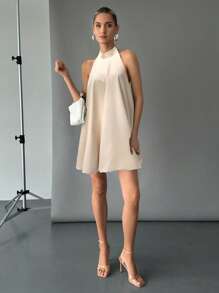 SHEIN Essnce 女士性感露背迷你吊带连衣裙，纯色，夏季 - 杏色 - 查看 5