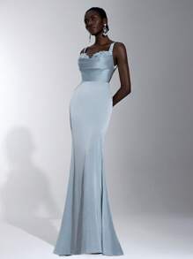 Elitara Elegante, romántico y sexy vestido de sirena azul de satén con decoración de encaje 3D floral, sin mangas, sin tirantes, hombros descubiertos y espalda descubierta, adecuado para fiestas de cumpleaños, eventos de boda y dama de honor