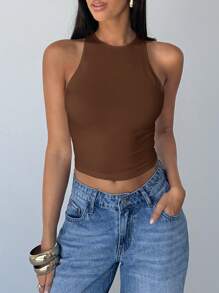 Aloruh 女士性感纯色露背交叉背心，夏季 - 棕色 - 查看 3