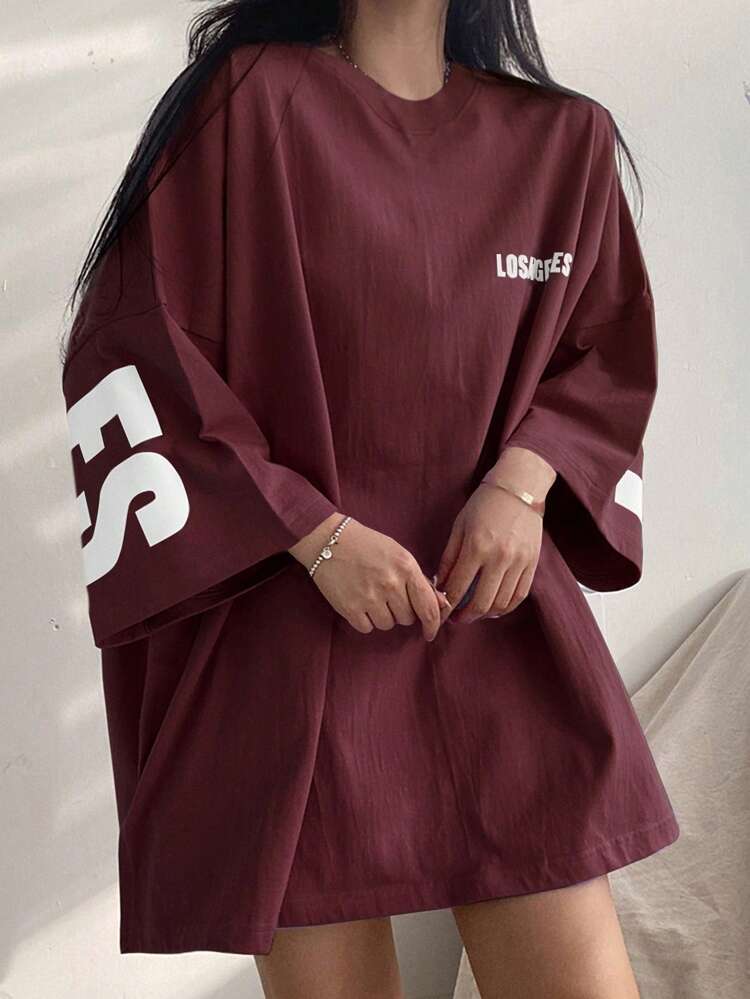 Women Letter Print Round Neck Drop Shoulder Casual Loose T-Shirt Oversized T-Shirt,Back To School Clothes