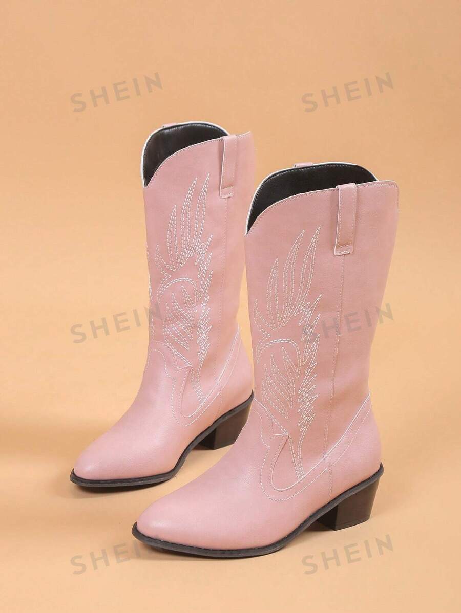 ROMWE Kawaii Botas vaqueras altas hasta el tobillo rosas con bordados para mujer