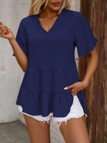 Breezaya Solid Color Ruffle Hem Peplum Blouse, Fashionable For Summer - Blue - View 4